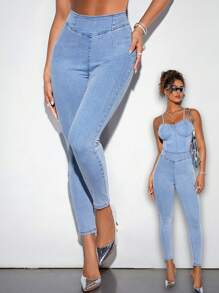 SHEIN BAE Giải trí Khóa kéo phía sau Denim Quần jean - Màu xanh lam - Xem 1