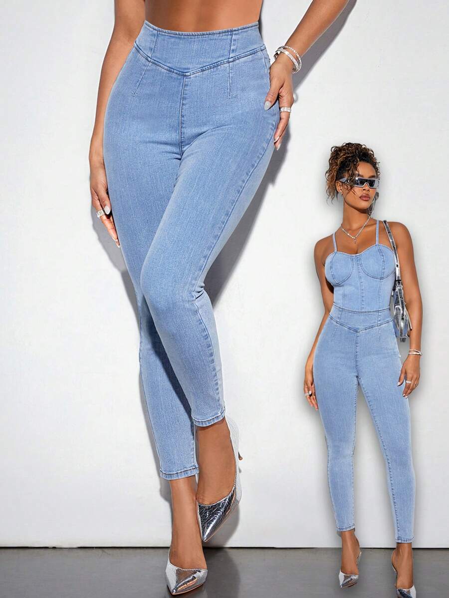 SHEIN BAE Giải trí Khóa kéo phía sau Denim Quần jean - Màu xanh lam - Xem 1