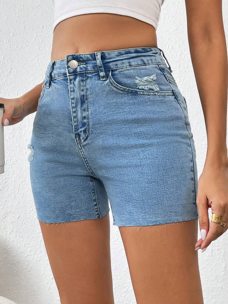 Shorts En Jean Déchiré Extensible Décontracté À Taille Haute Pour Femme En Bleu