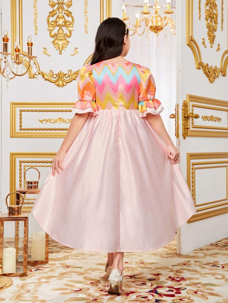 Tween Girls' Casual Wave Striped Pattern & Puff Sleeve Asymmetrical Hem Dress With Floral Patchwork