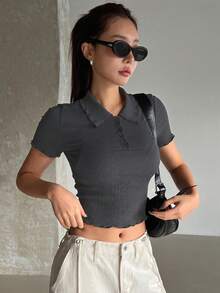 DAZY Của phụ nữ Màu thuần Kết cấu Vòng cổ Quần skinny Gầy Ngắn tay Áo thun - màu đen - Xem 5