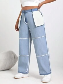 SHEIN EZwear 大碼兩面可穿著牛仔褲,帶口袋 - 中等水洗藍 - 查看 4