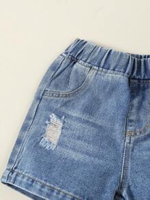 SHEIN Playful Pals Baby Jungen Tägliche Lässige Süße Lächelnde Gesichts Vorne Und Hinten Gedruckt Top Mit Zerrissenen Denim-shorts Set