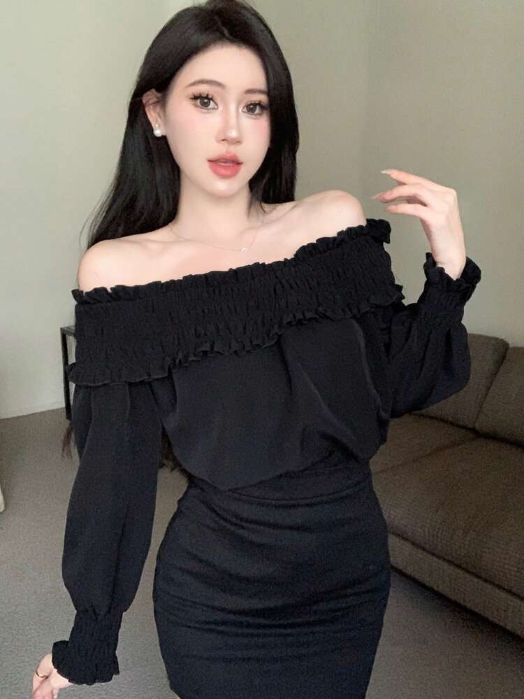 Off-The-Shoulder Ruffle Trim Chiffon Long Sleeve Blouse,Off Shoulder Top,Fall Women Clothes