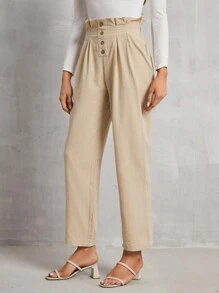 SHEIN Frenchy 女士內衣摺褶休閒褲 - 卡其色 - 查看 5