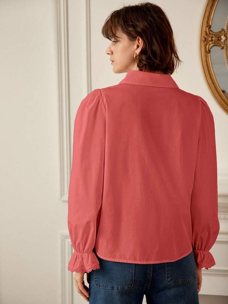 Solid Lace Trim Button Front Shirt Winter Elegant Brown