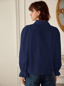 SHEIN Frenchy Đồ trang trí Lace hoa văn tay áo lá sen Áo sơ mi - Màu xanh hải quân - Xem 2