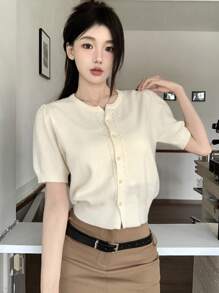 DAZY 女款短袖針織外套 - 米色 - 查看 2