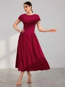 Modelyn Váy bó eo tay cánh dơi màu đỏ tía dành cho nữ - Màu Đỏ Sâu - Xem 6