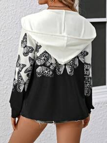 SHEIN LUNE Women's Butterfly Print Hooded Zippered Cardigan