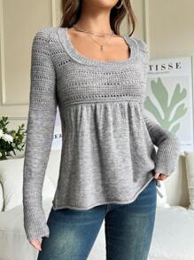 SHEIN EZwear Women's Oversized Round Neck Babydoll Sweater - Grey - View 1