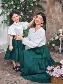 SHEIN Young Girl's Satin Collar Button-Front Puff Sleeve Shirt With Frill Trim Skirt Set, Mommy And Me Matching Outfits (3 Pieces Sold Separately)