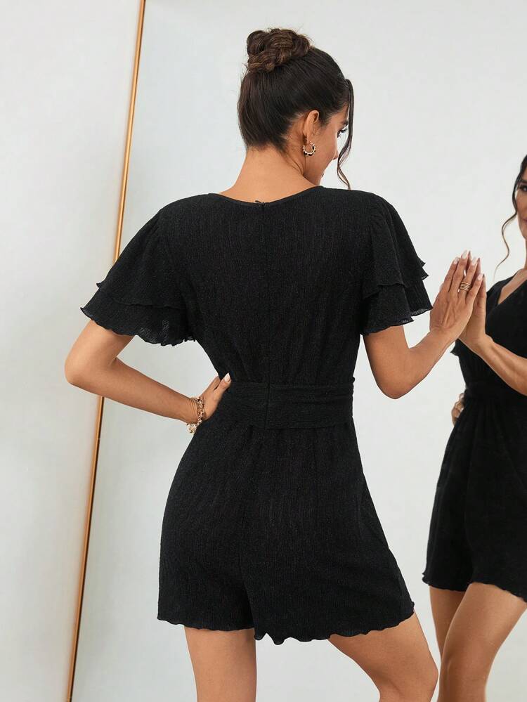 Women's V-Neck Waist Twist Ruffle Short Sleeve Jumpsuit