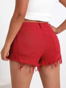 SHEIN EZwear Plus Size Red Stretch Denim Shorts With Fringe Hem - Red - View 2