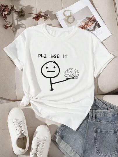 INAWLY Intressant tryckt kortärmad T-shirt för kvinnor PLZ USE IT Grafiska T-shirts Dam Toppar