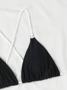 SHEIN Swim 夏季女士露背彩色饰边比基尼套装 - 黑與白 - 查看 6