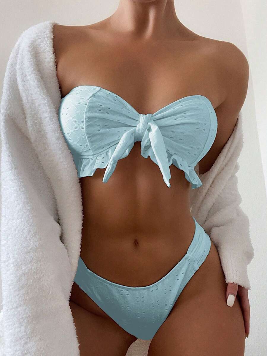 SHEIN Swim Solid Color Textured Two-Piece Bikini Set, Summer Beach - Baby Blue - View 1