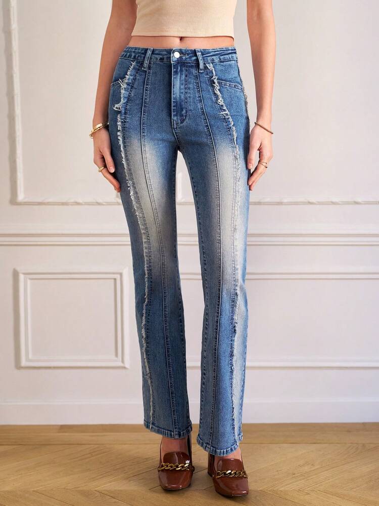 Women's Patchwork Frayed Hem Skinny Jeans Blue