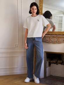 SHEIN Frenchy Maglietta Con Stampa Floreale A Manica Corta E Vestibilità Ampia Per Donne - Bianco - Visualizzare 5