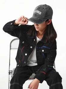Tween Boy Street Cool Ink Splash & Polka Dots Pattern Detailing Loose Denim Moto Jacket - Black - View 4