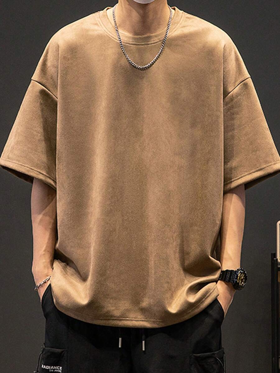 Camiseta casual de hombre de color liso, de hombros caídos y holgada - Marrón - Ver 1
