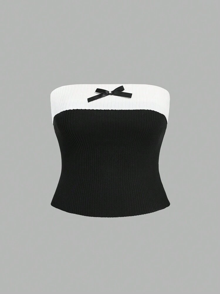 Plus Size Black And White Color-Blocking Ballet Style Knitted Tank Top