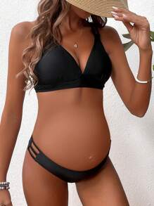 SHEIN Maternity Solid Color Back Cross Bikini Set Set Summer Beach - Black - View 1