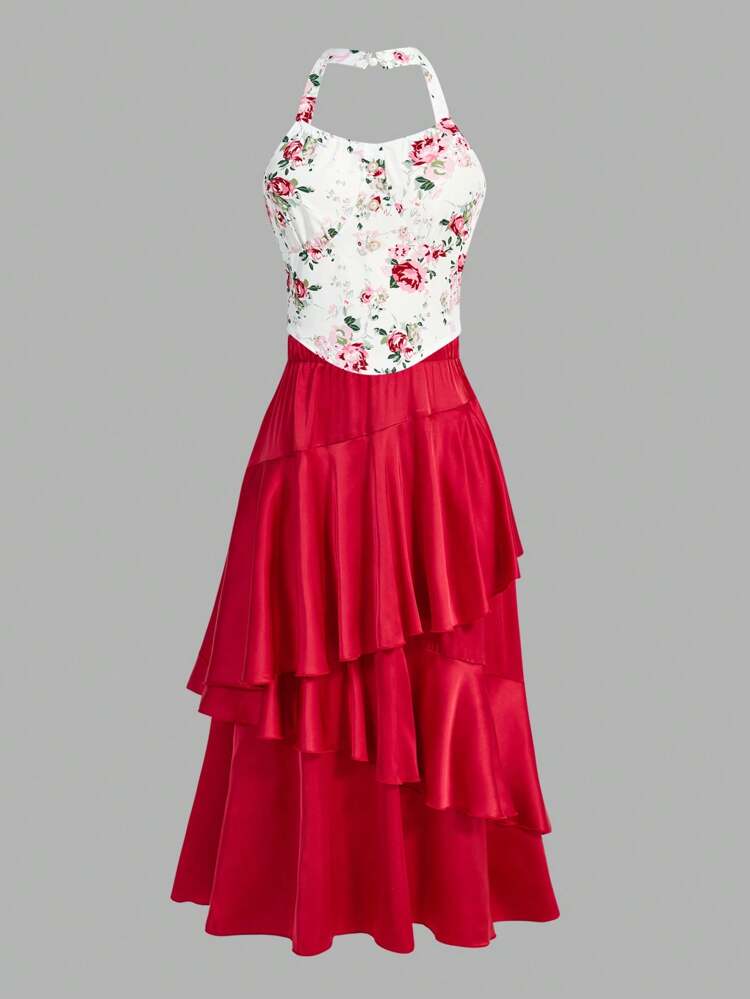 Teen Girls' Flower Print Halter Neck Top And Ruffle Hem Skirt Set