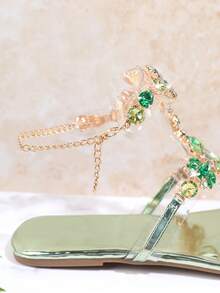 SHUZIA Của phụ nữ Màu thuần Đồ trang trí Rhinestone Dép phẳng Với Vòng ngón chân - màu xanh lá - Xem 3