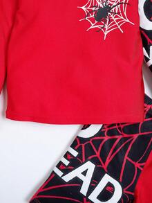 SHEIN 3入組男孩休閑舒適蜘蛛網圖案透氣長袖、對比色短褲和游泳帽套裝,適用於春夏假期 - 紅色 - 查看 4