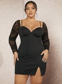 SHEIN BAE Vestido De Talla Grande Con Escote En Corazón, Panel De Encaje Y Dobladillo Dividido - Negro - Ver 6