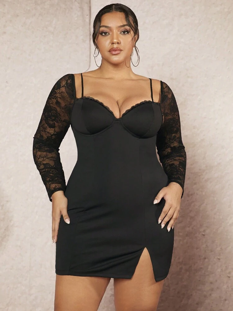 Plus Sweetheart Neck Lace Panel Split Hem Dress