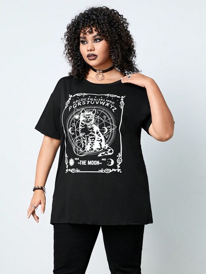 Goth Blusa gótica oscura de talla grande, holgada, de verano, con estampado de gato negro misterioso y de cartas, para la escuela