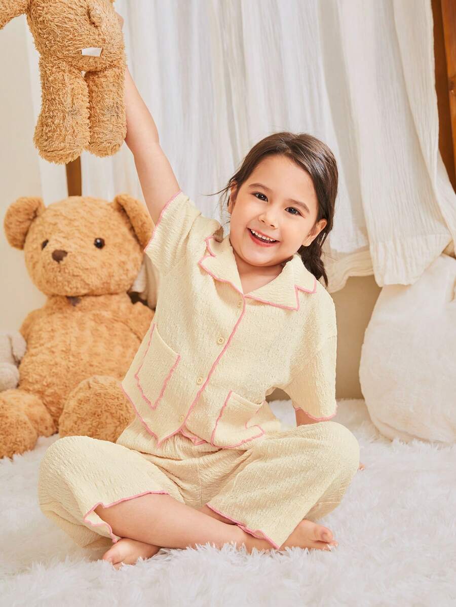 SHEIN Young Girl Colorblock Edge Detail Short Sleeve Button-Up Shirt & Wide Leg Pants Homewear Set With Pockets - Apricot - View 1