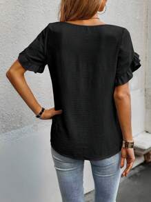 SHEIN LUNE Solid Ruffle Trim Blouse,Short Sleeve Tops - Black - View 2