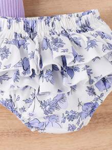 Baby Girl Ruffle Knitted Ribbed Cami Bodysuit And Printed Shorts Set - Purple - View 3