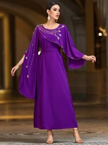 Al Najma Purple Heavyweight Split Sleeves Modest Arabian Dress Elegant Luxury Long Sleeve Kaftan - Red Violet - View 3