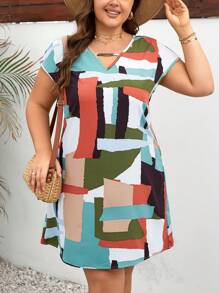 SHEIN LUNE 大尺寸寬鬆休閒彩塊蝙蝠袖連衣裙 - 彩色 - 查看 1