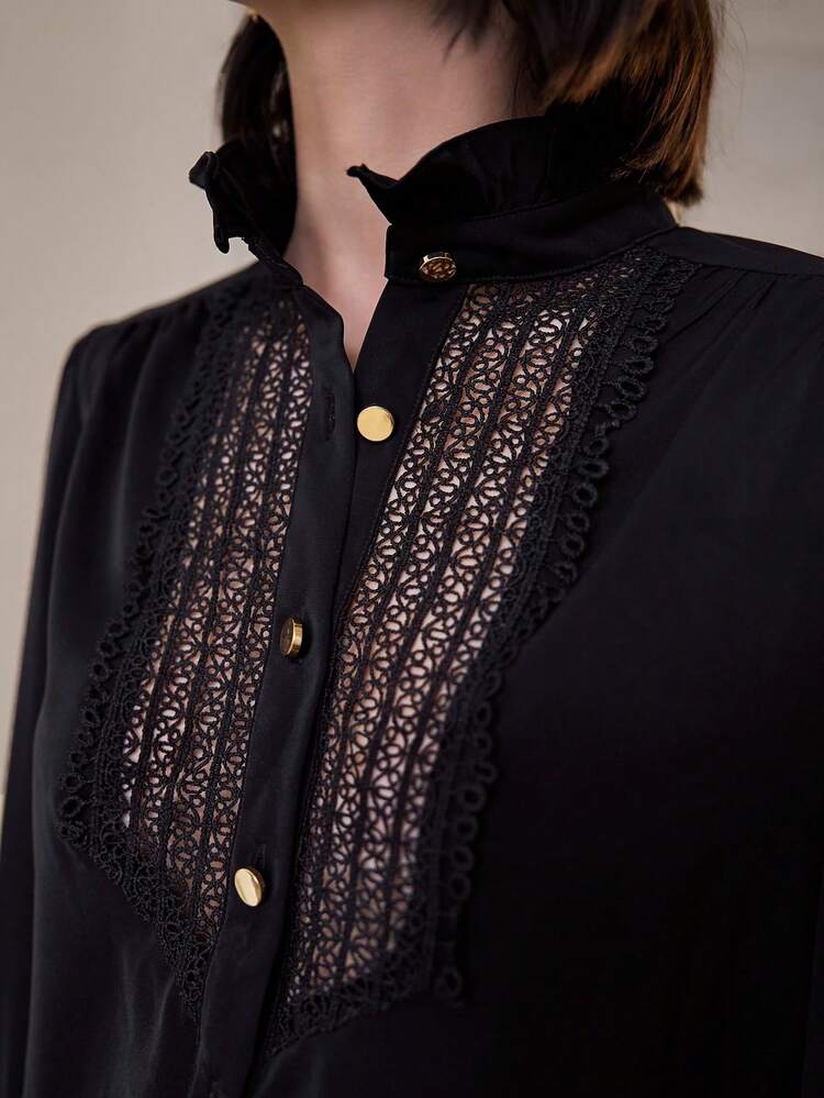 Lace Splice Loose Fit Women's Shirt Winter Elegant Black