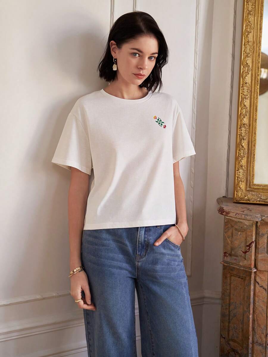 SHEIN Frenchy Maglietta Con Stampa Floreale A Manica Corta E Vestibilità Ampia Per Donne - Bianco - Visualizzare 1