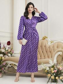 Modelyn Ladies' Paisley Printed Twist Knot Arab Dress Long Evening Dresses - Purple - View 2