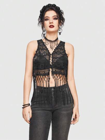 Goth Women's Open Front Fringe Hem Fashion Hollow Out Top