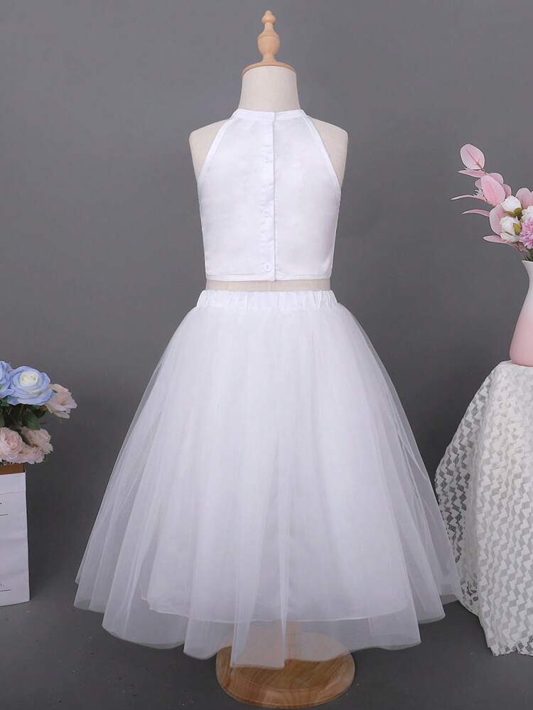 Young Girls'  Gorgeous White Sleeveless Top And Skirt Set