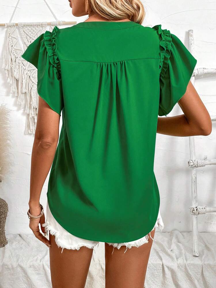 Ladies' Solid Color Notched V-Neck Blouse With Ruffled Edge