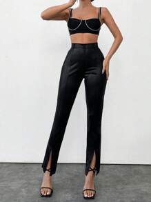 RueChic High-Waisted Slit And Flared Hem Pants - Black - View 3