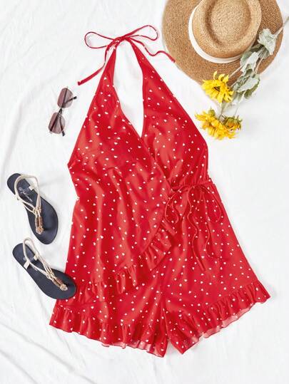 Dreamara Monos con dobladillo de volantes con estampado de corazones para mujeres de talla grande