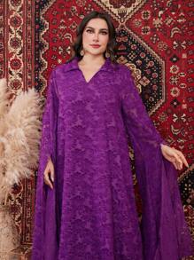 Al Najma Plus-Size V-Neck Floral Jacquard Dress With Long Slit Sleeves Kaftan Jalabiya Dress - Purple - View 6