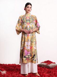 Divindia Loose Split Kurta With Stand Collar, Printed Style Indian - Multicolor - View 3