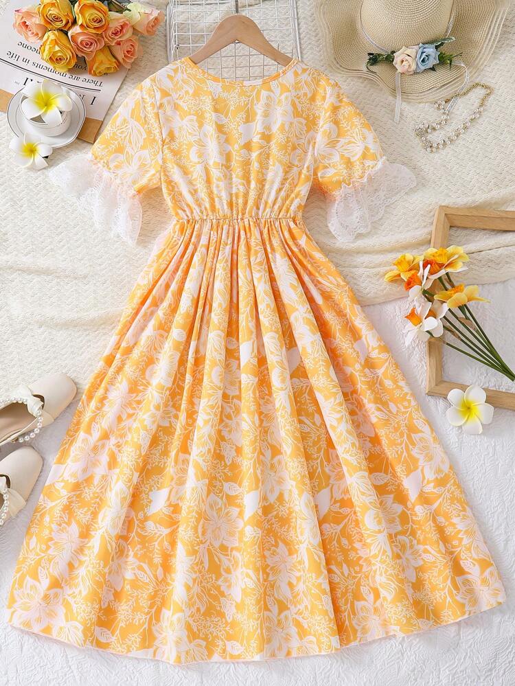 Teen Girls' Floral Printed Lace Patchwork Dress Suitable For Casual Vacation In Summer