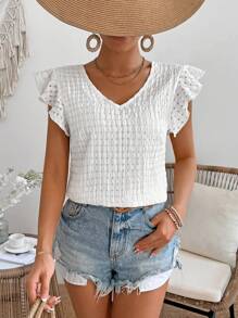 Breezaya 女式純色花邊低領拼接上衣,後綁帶設計 - 白色 - 查看 3